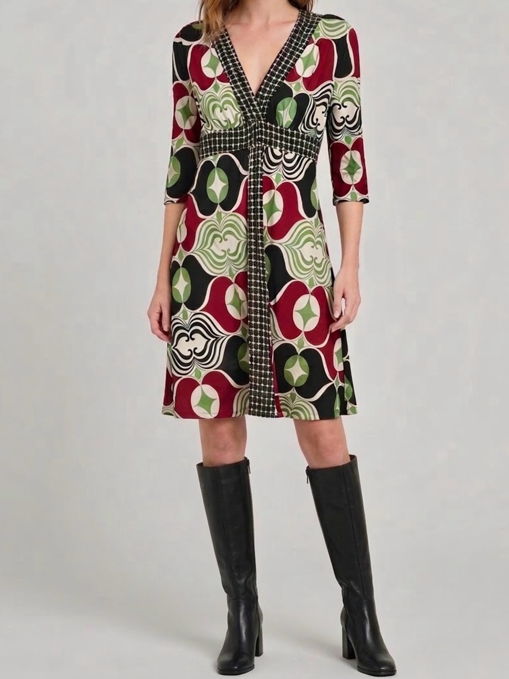 70s Mod Geometric Print Dress Empire V-Neck Psychedelic En Focus Studio Size 8
